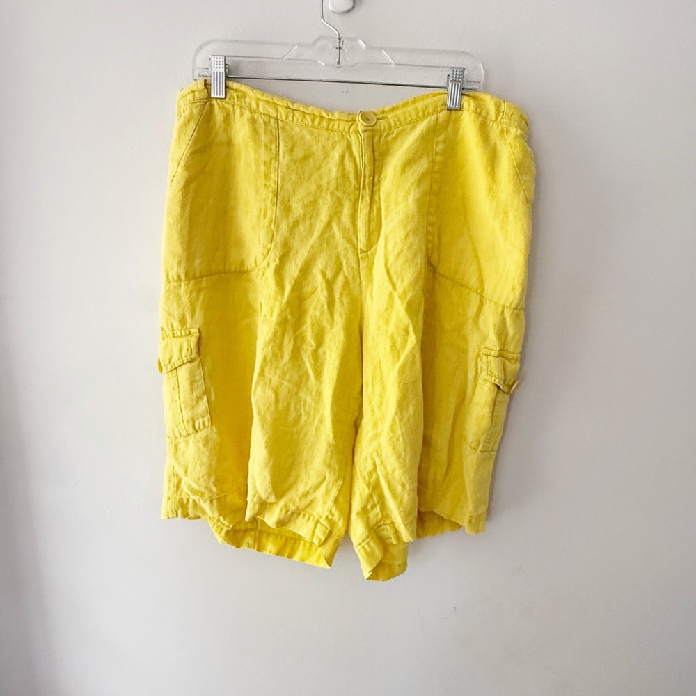 FLAX Cargo Shorts Women Large Yellow 100% Linen Coastal Grandma Lagenlook Summer